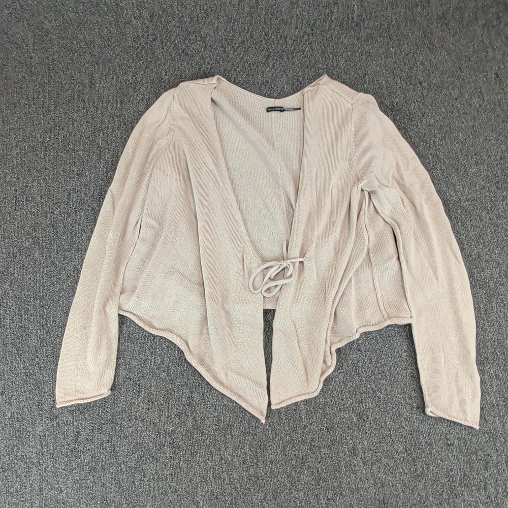 Stella Carakasi Womens Cardigan Large Cotton Tencel Beige Tie Front Crop Sweater — photo 2